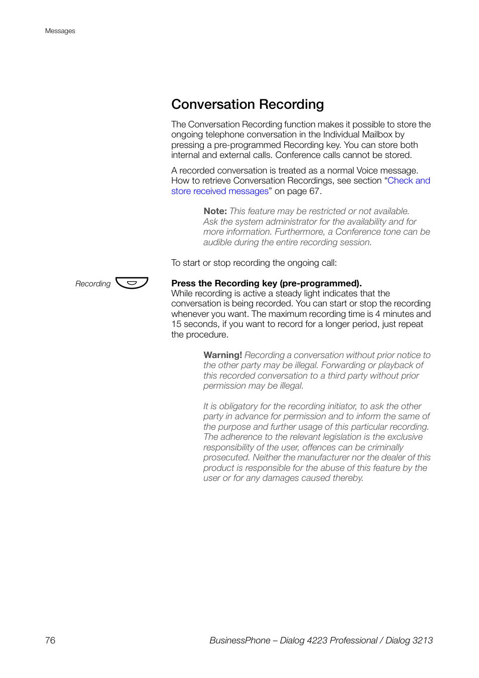 Conversation recording | AASTRA 4223 Professional for BusinessPhone User Guide User Manual | Page 76 / 138