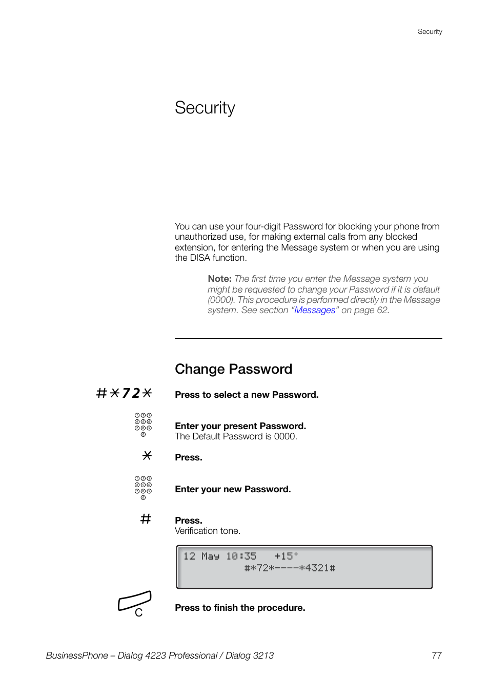 Security, Change password, Section | Change, Password | AASTRA 4223 Professional for BusinessPhone User Guide User Manual | Page 77 / 138