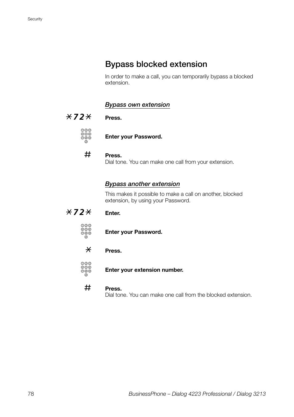 Bypass blocked extension, Bypass own extension, Bypass another extension | AASTRA 4223 Professional for BusinessPhone User Guide User Manual | Page 78 / 138