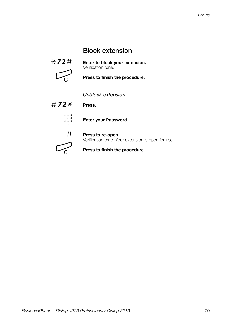 Block extension, Unblock extension | AASTRA 4223 Professional for BusinessPhone User Guide User Manual | Page 79 / 138