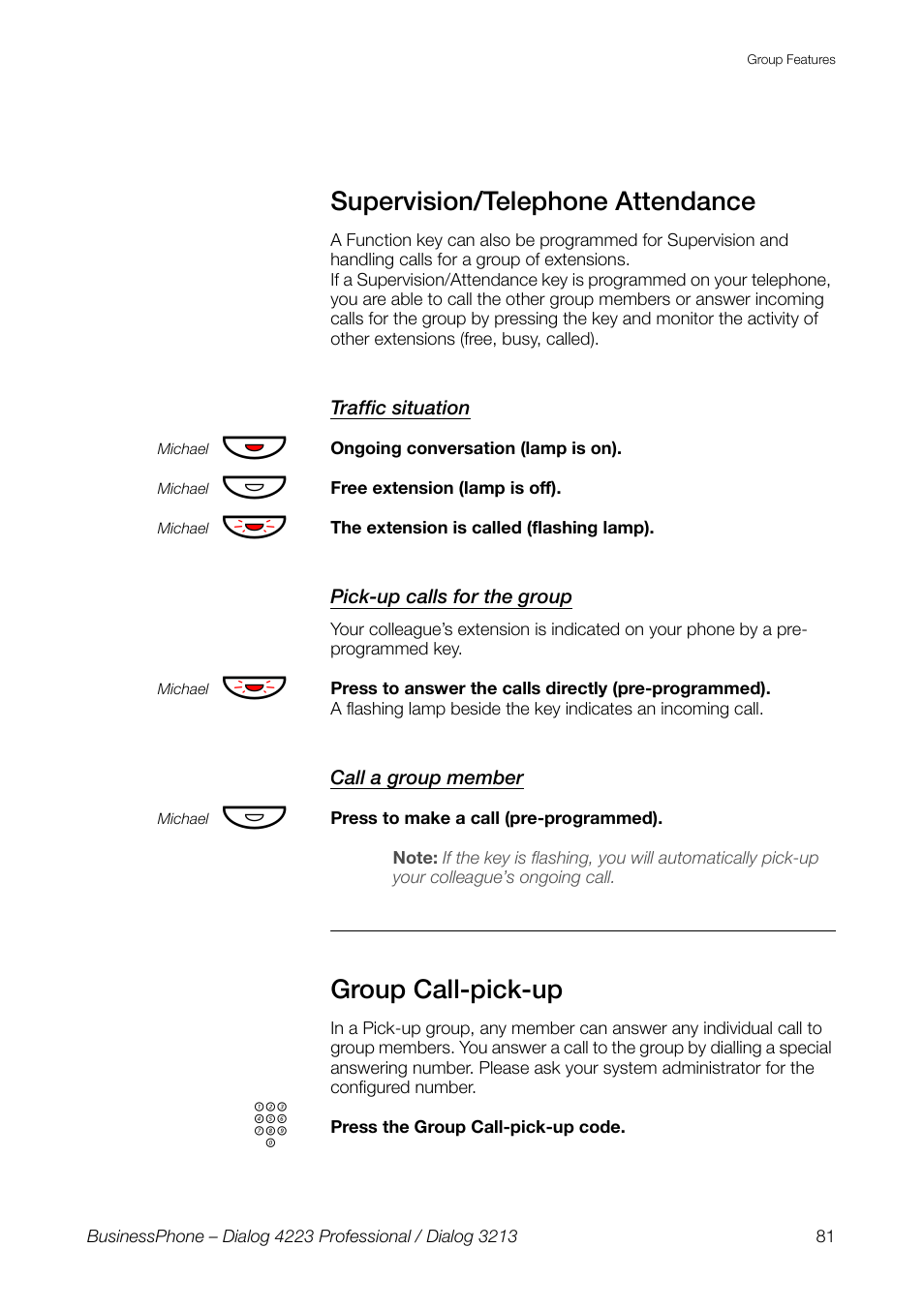 Supervision/telephone attendance, Traffic situation, Pick-up calls for the group | Call a group member, Group call-pick-up | AASTRA 4223 Professional for BusinessPhone User Guide User Manual | Page 81 / 138