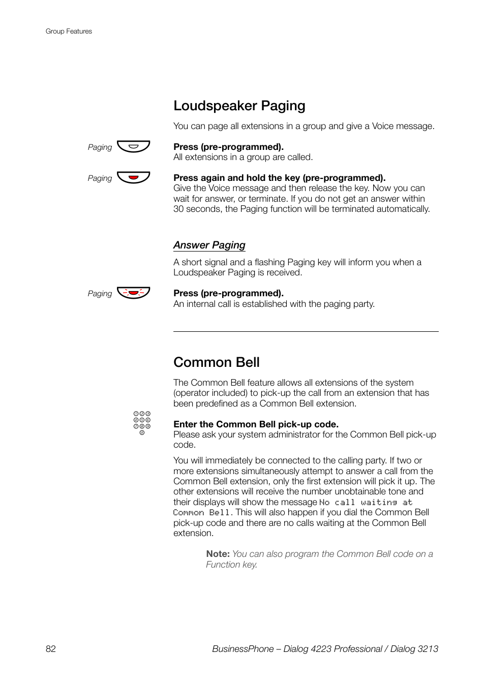 Loudspeaker paging, Answer paging, Common bell | AASTRA 4223 Professional for BusinessPhone User Guide User Manual | Page 82 / 138