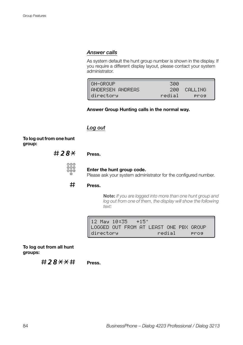 Answer calls, Log out | AASTRA 4223 Professional for BusinessPhone User Guide User Manual | Page 84 / 138