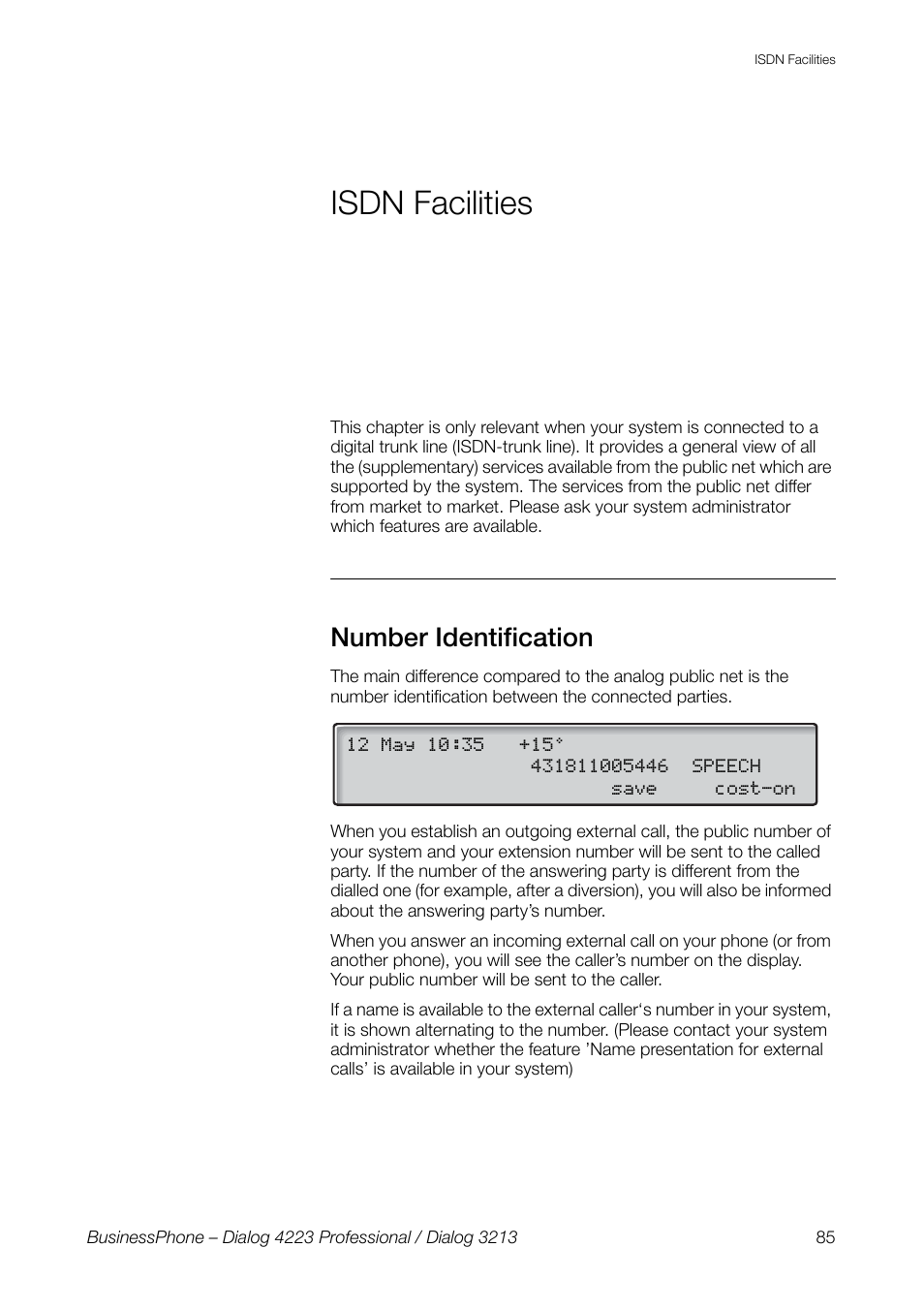 Isdn facilities, Number identification | AASTRA 4223 Professional for BusinessPhone User Guide User Manual | Page 85 / 138