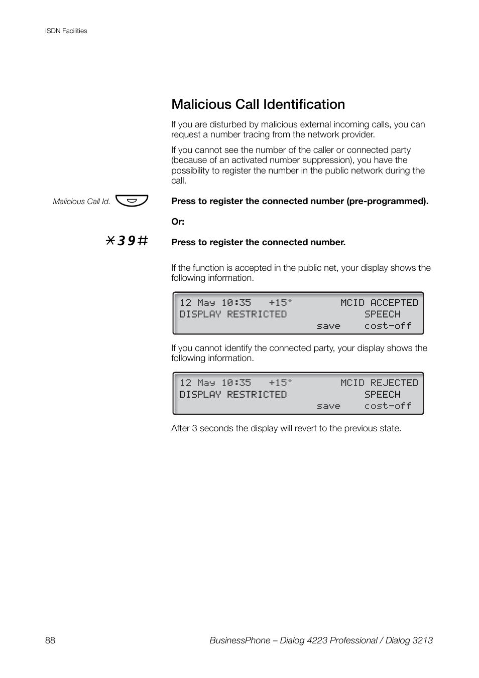 Malicious call identification | AASTRA 4223 Professional for BusinessPhone User Guide User Manual | Page 88 / 138