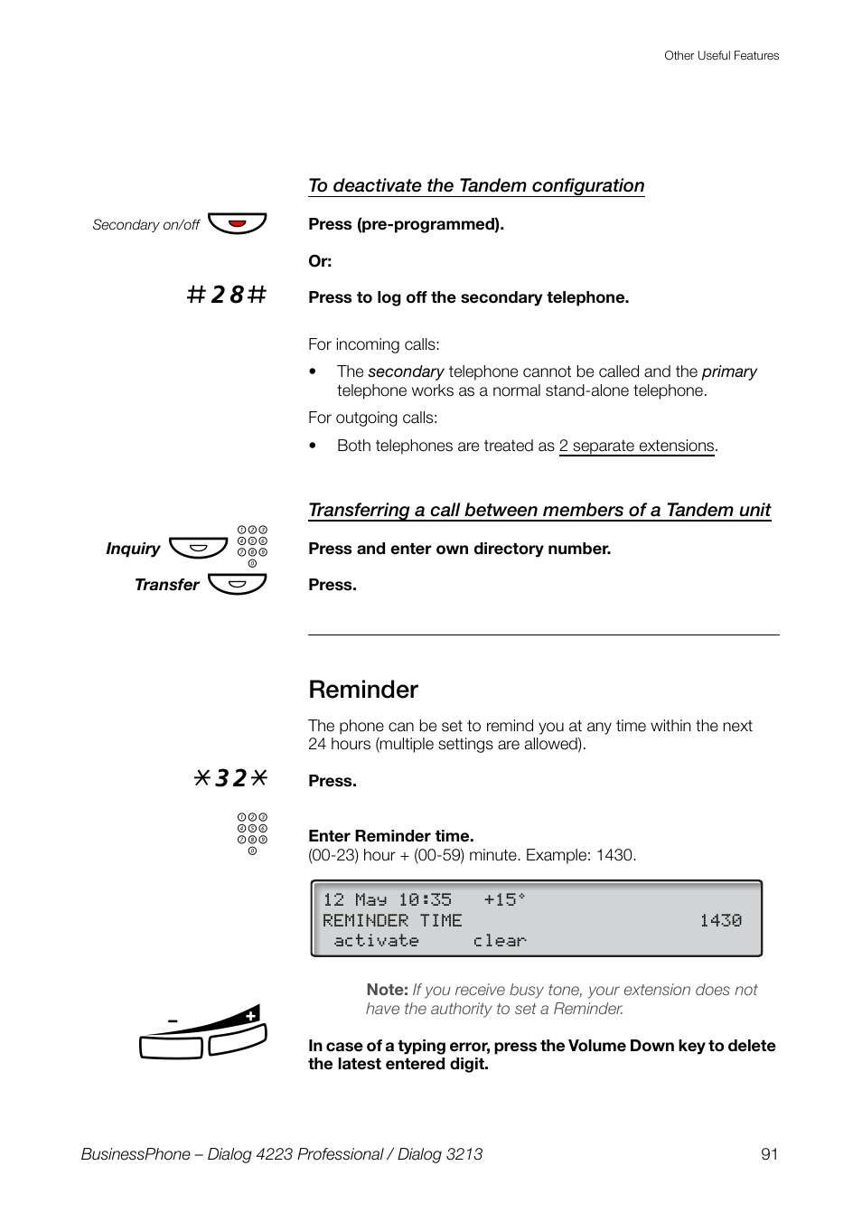 To deactivate the tandem configuration, Reminder | AASTRA 4223 Professional for BusinessPhone User Guide User Manual | Page 91 / 138