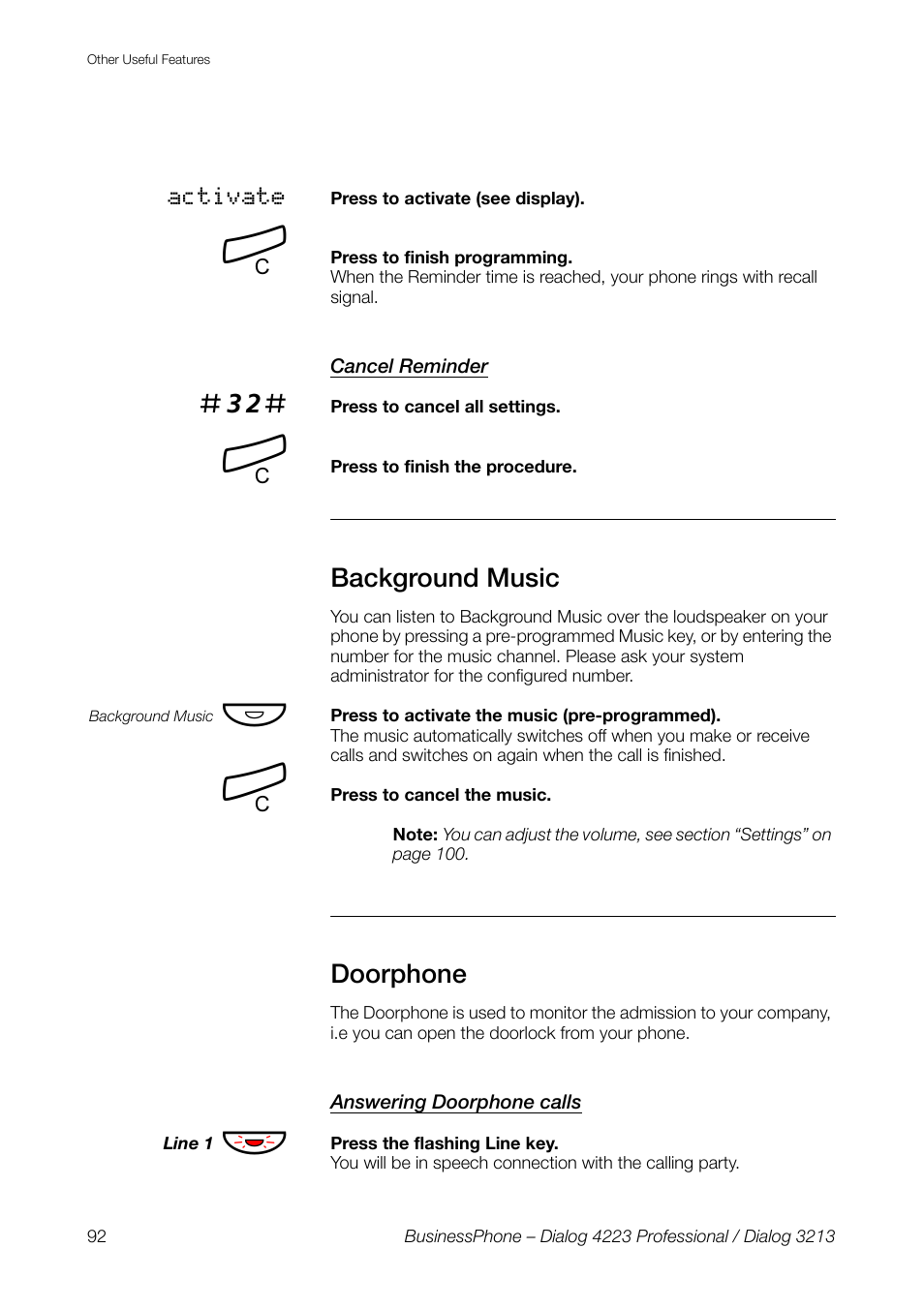 Cancel reminder, Background music, Doorphone | Answering doorphone calls | AASTRA 4223 Professional for BusinessPhone User Guide User Manual | Page 92 / 138
