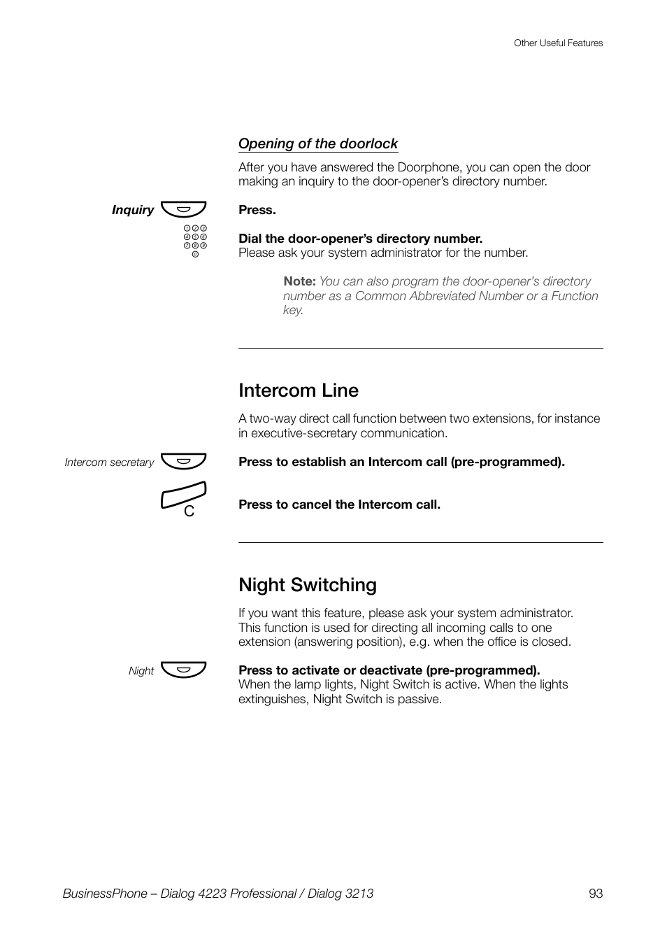 Opening of the doorlock, Intercom line, Night switching | AASTRA 4223 Professional for BusinessPhone User Guide User Manual | Page 93 / 138