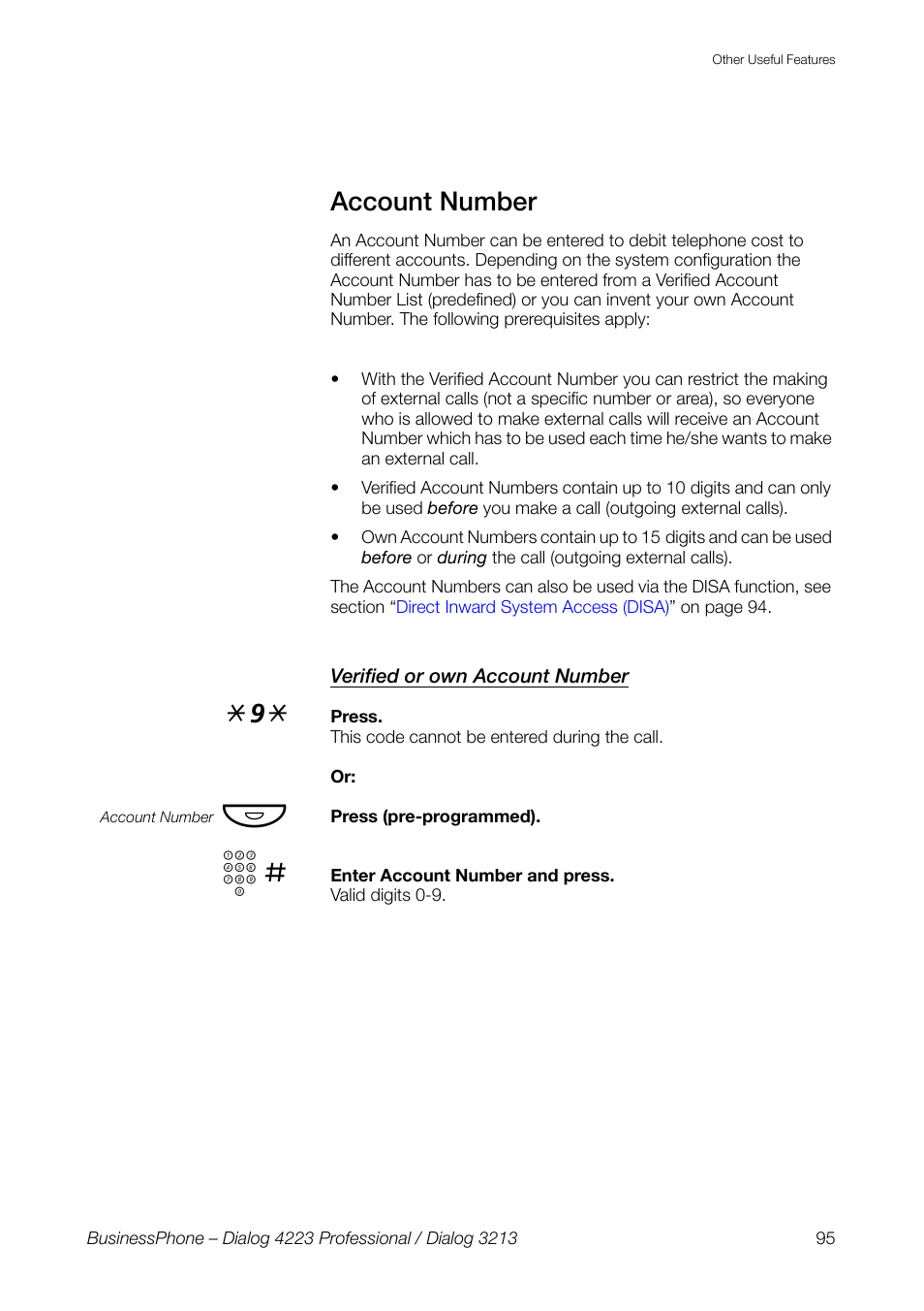 Account number, Verified or own account number, Account | Number | AASTRA 4223 Professional for BusinessPhone User Guide User Manual | Page 95 / 138