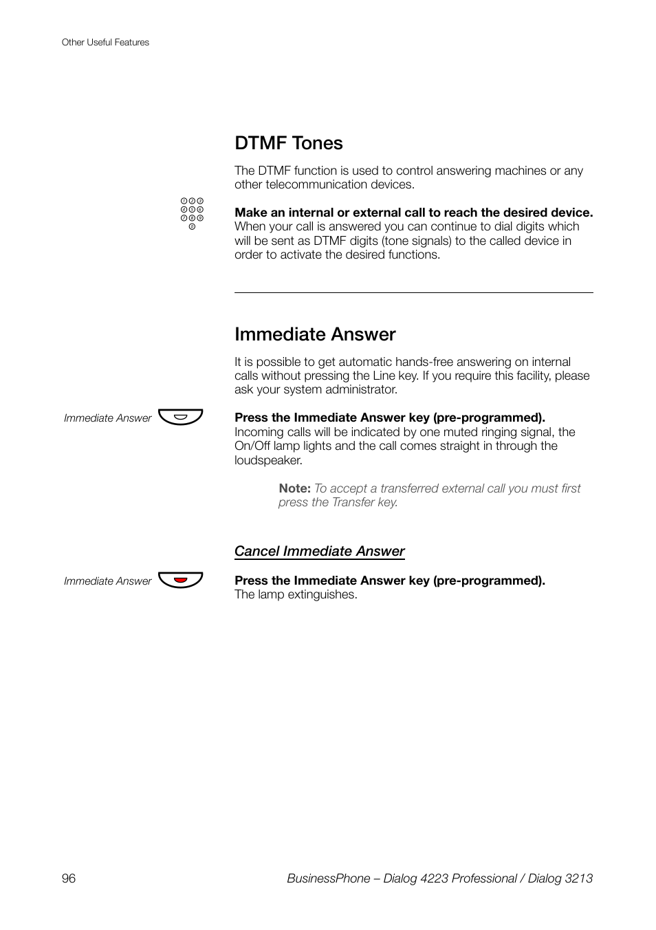 Dtmf tones, Immediate answer, Cancel immediate answer | AASTRA 4223 Professional for BusinessPhone User Guide User Manual | Page 96 / 138