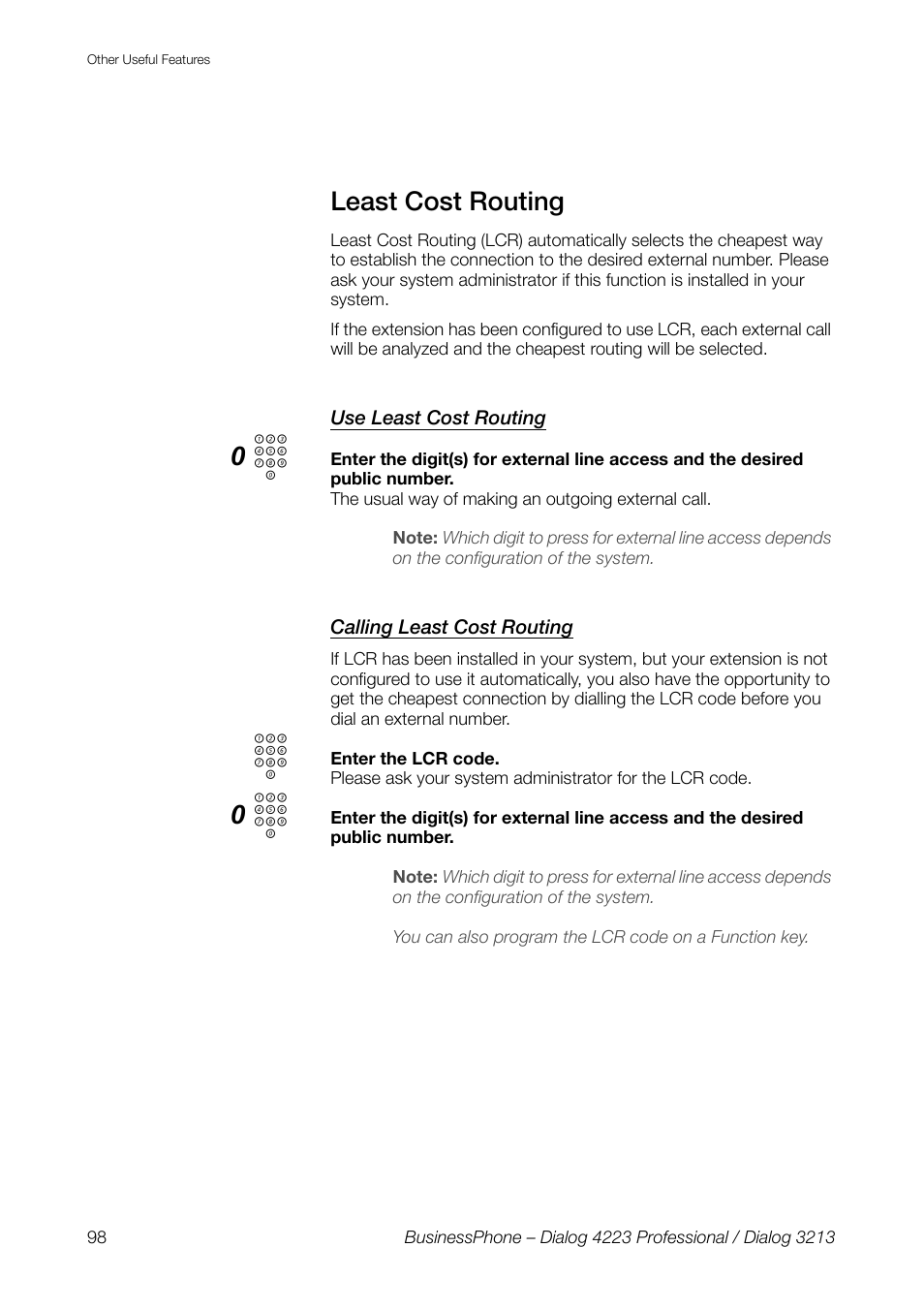 Least cost routing, Use least cost routing, Calling least cost routing | AASTRA 4223 Professional for BusinessPhone User Guide User Manual | Page 98 / 138