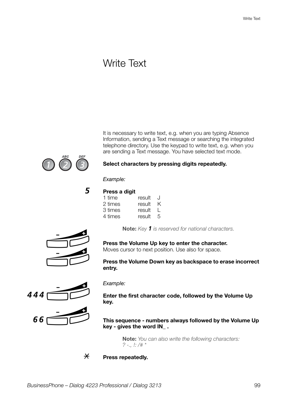 Write text, 444 ì, 66 ì | AASTRA 4223 Professional for BusinessPhone User Guide User Manual | Page 99 / 138