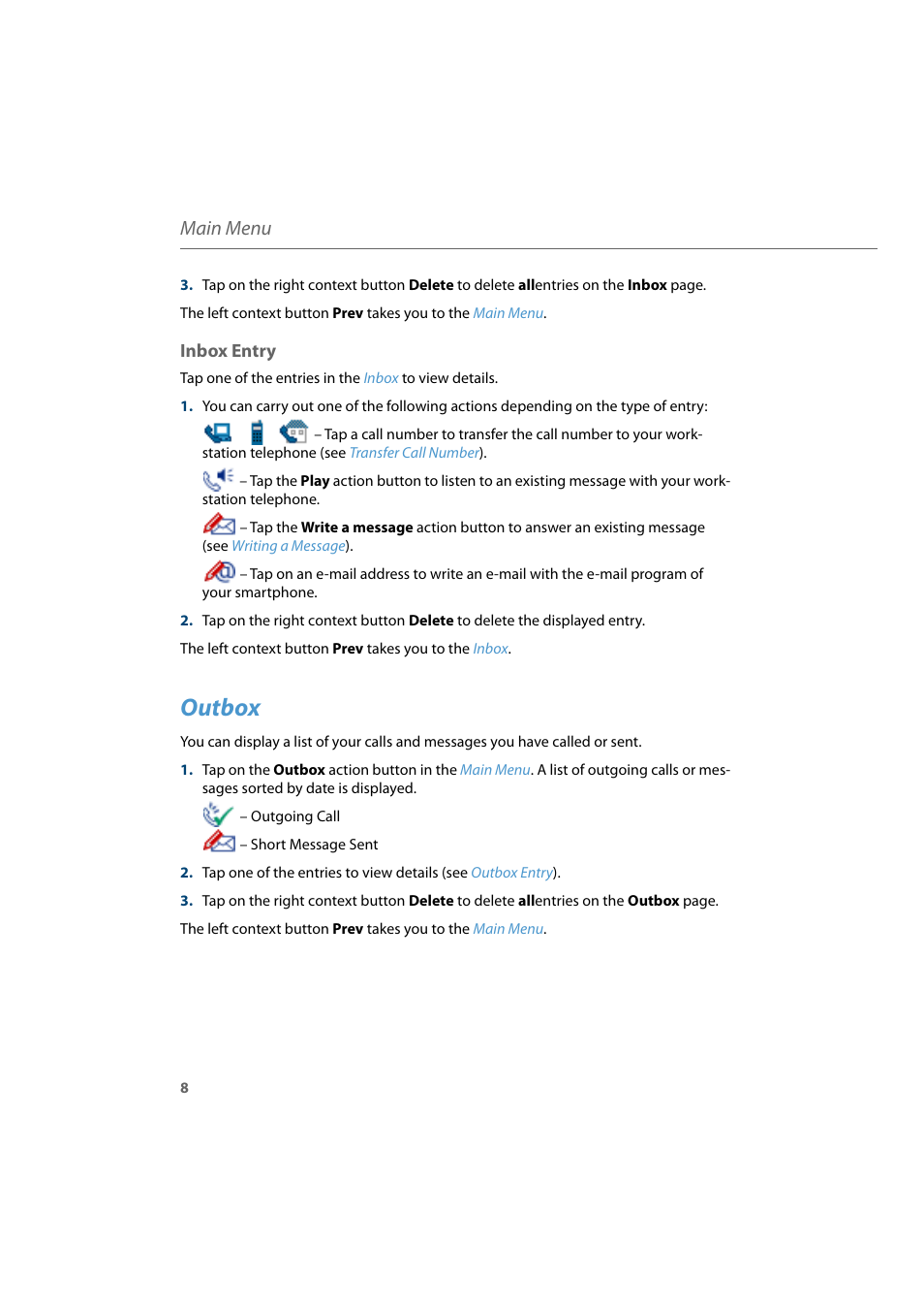 Inbox entry, Outbox, Main menu | AASTRA CTI Touch User Guide User Manual | Page 10 / 20