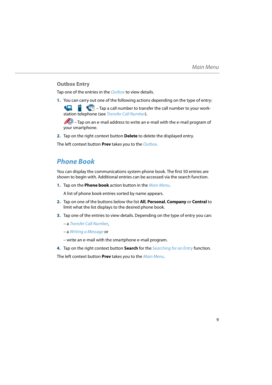 Outbox entry, Phone book, Ils (see | Main menu | AASTRA CTI Touch User Guide User Manual | Page 11 / 20