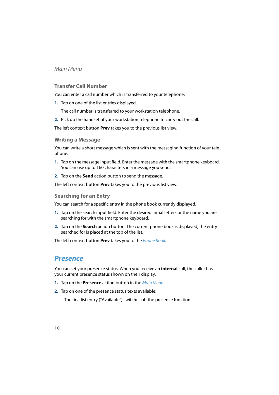Transfer call number, Writing a message, Searching for an entry | Presence, Main menu | AASTRA CTI Touch User Guide User Manual | Page 12 / 20