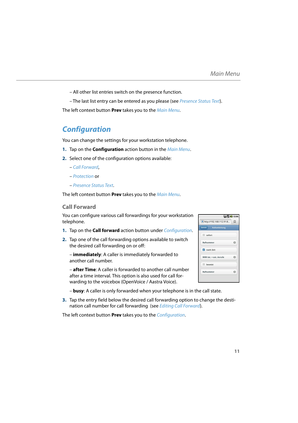 Configuration, Call forward, Main menu | AASTRA CTI Touch User Guide User Manual | Page 13 / 20