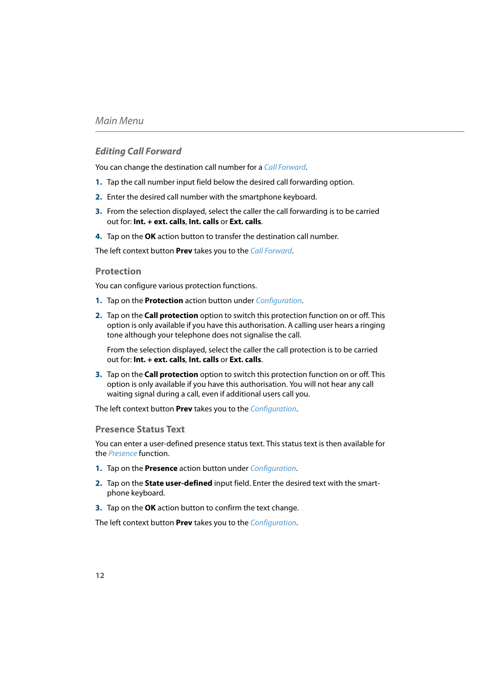 Protection, Presence status text, Editing call forward | Main menu | AASTRA CTI Touch User Guide User Manual | Page 14 / 20