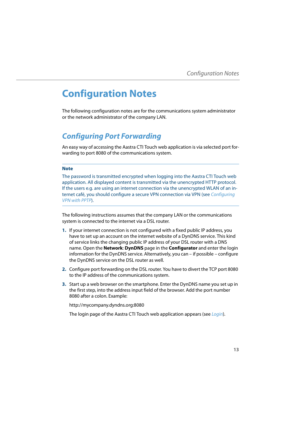 Configuration notes, Configuring port forwarding | AASTRA CTI Touch User Guide User Manual | Page 15 / 20