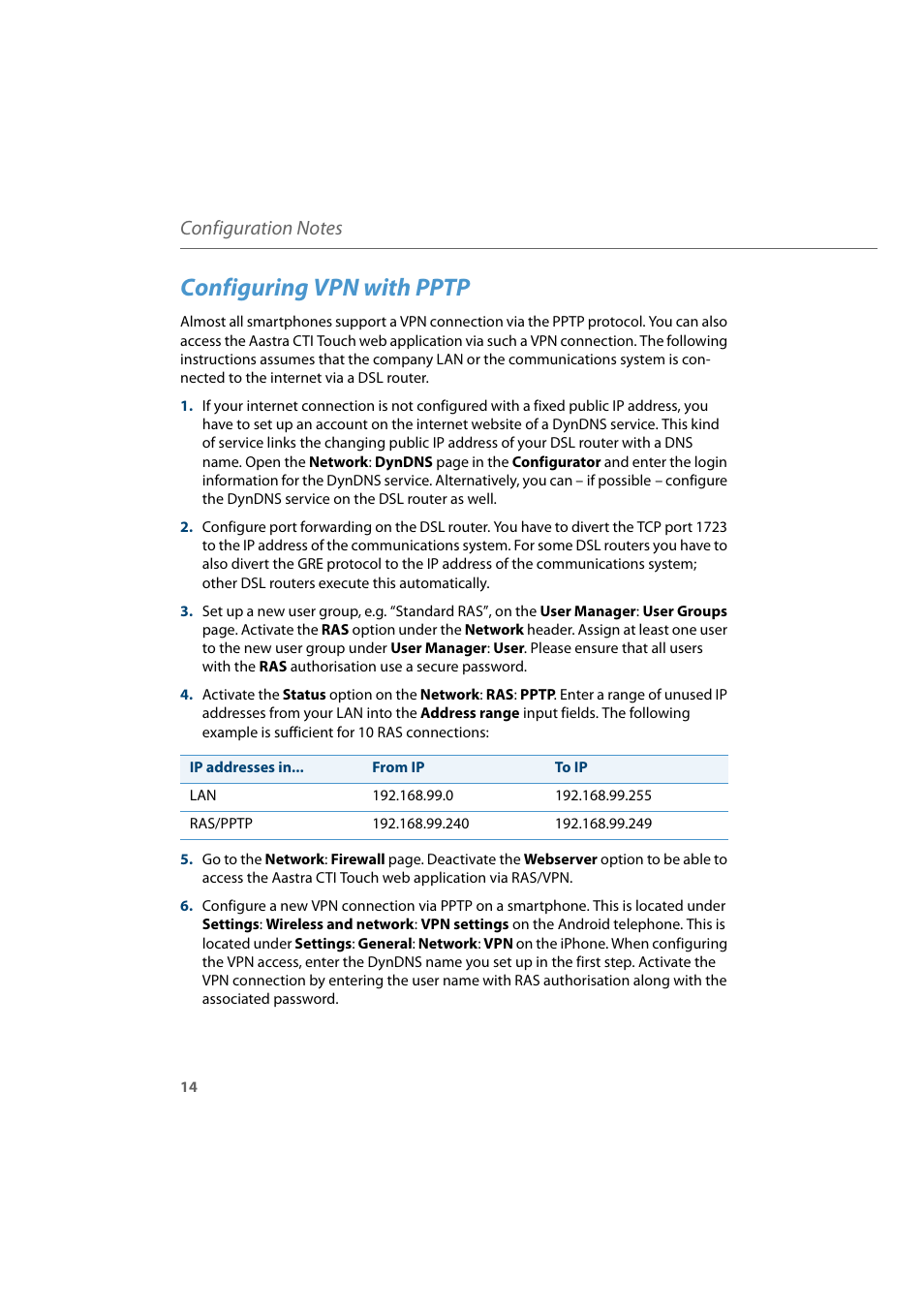 Configuring vpn with pptp, Configuring, Vpn with pptp | AASTRA CTI Touch User Guide User Manual | Page 16 / 20