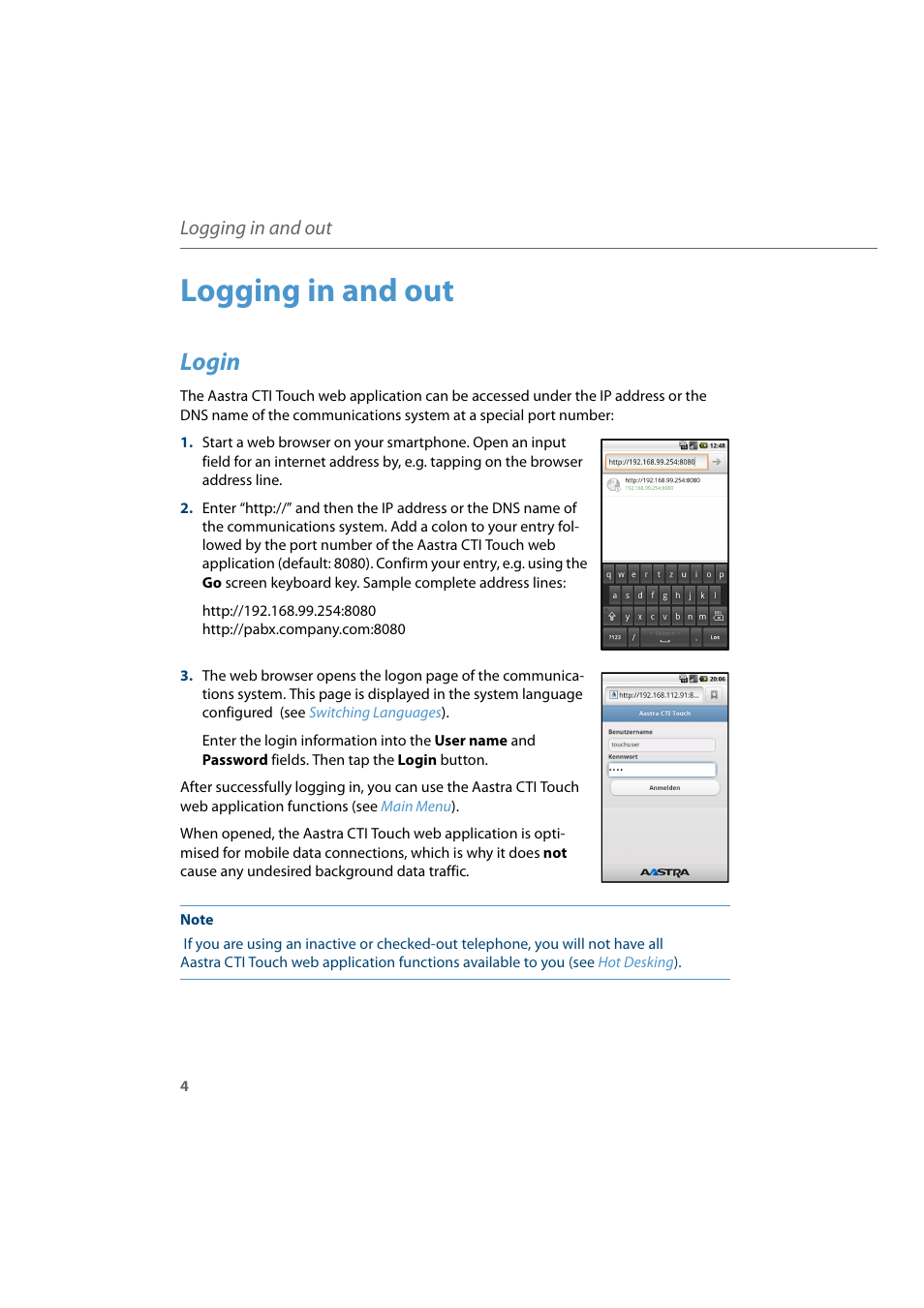 Logging in and out, Login | AASTRA CTI Touch User Guide User Manual | Page 6 / 20