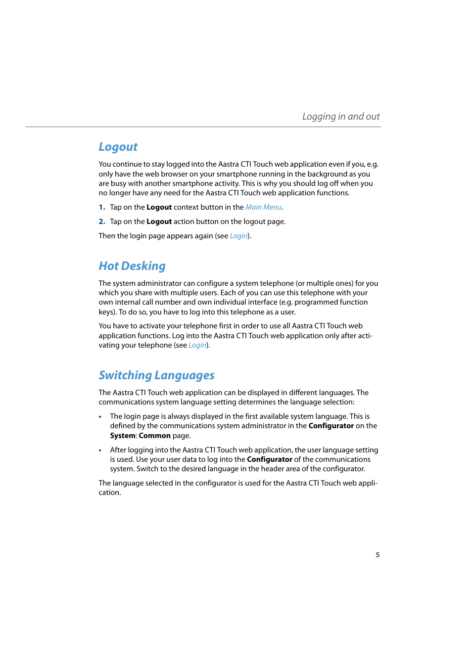Logout, Hot desking, Switching languages | U (see, Logging in and out | AASTRA CTI Touch User Guide User Manual | Page 7 / 20