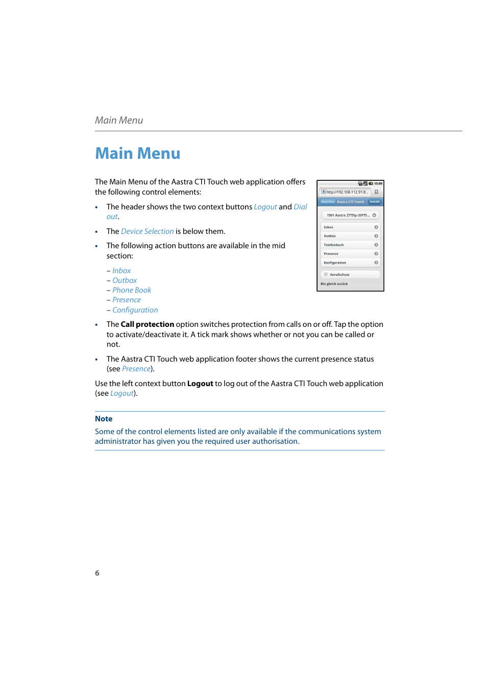 Main menu, Ions (see | AASTRA CTI Touch User Guide User Manual | Page 8 / 20
