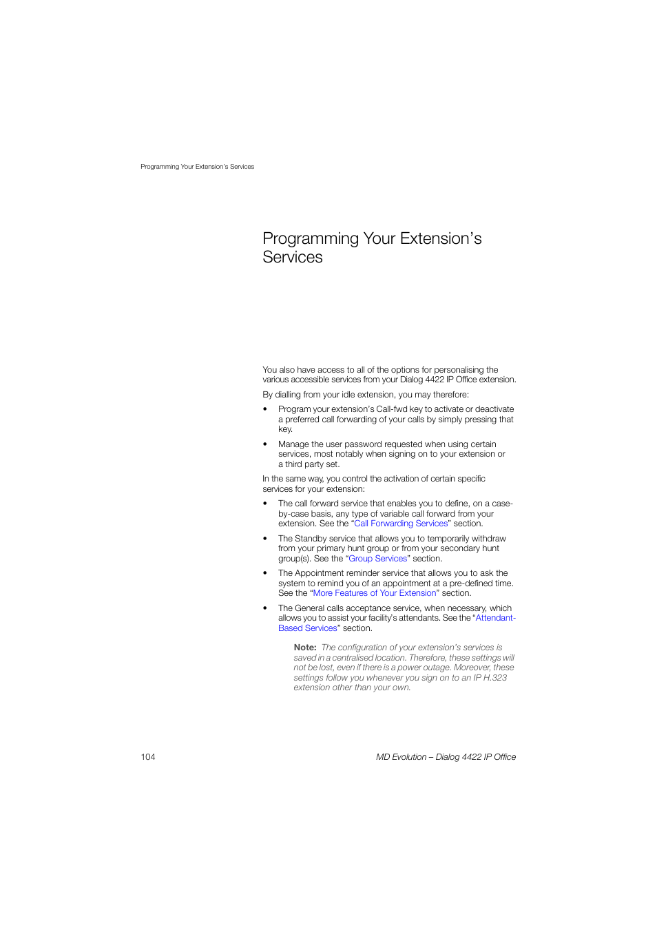Programming your extension’s services, Programming your, Extension’s services | Sect, Programming, Your extension’s services | AASTRA 4422 IP Office for MD Evolution User Guide User Manual | Page 104 / 151