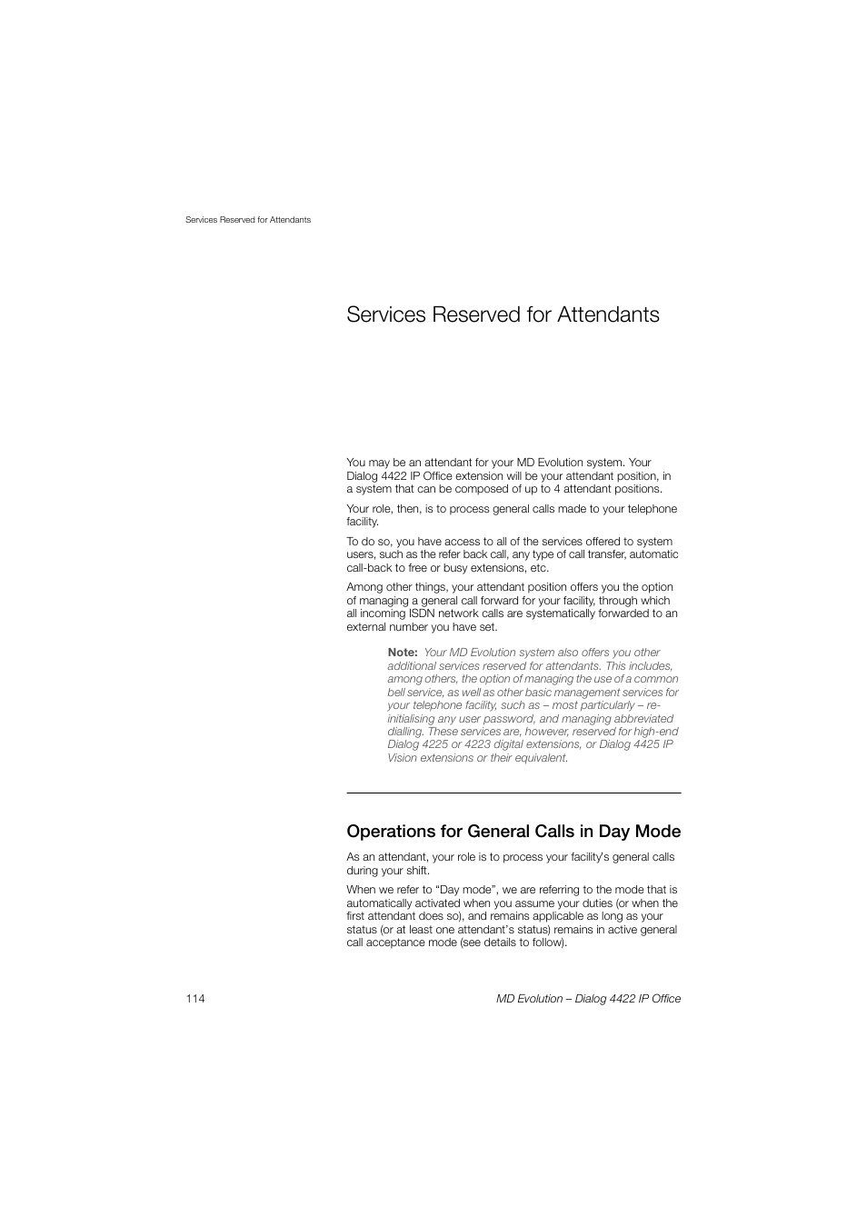 Services reserved for attendants, Operations for general calls in day mode | AASTRA 4422 IP Office for MD Evolution User Guide User Manual | Page 114 / 151