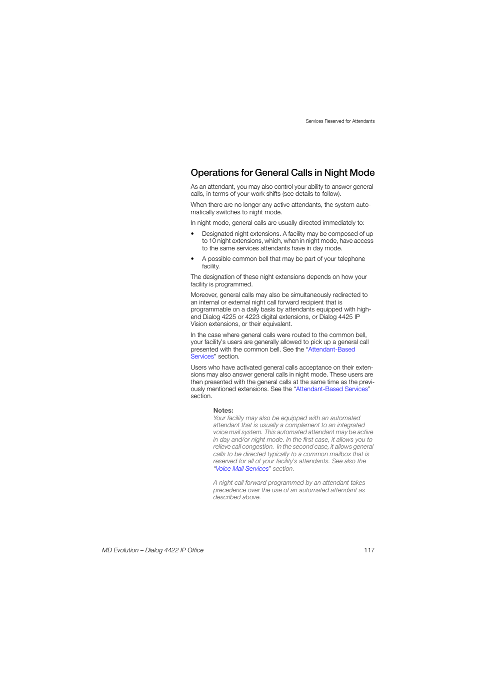 Operations for general calls in night mode | AASTRA 4422 IP Office for MD Evolution User Guide User Manual | Page 117 / 151