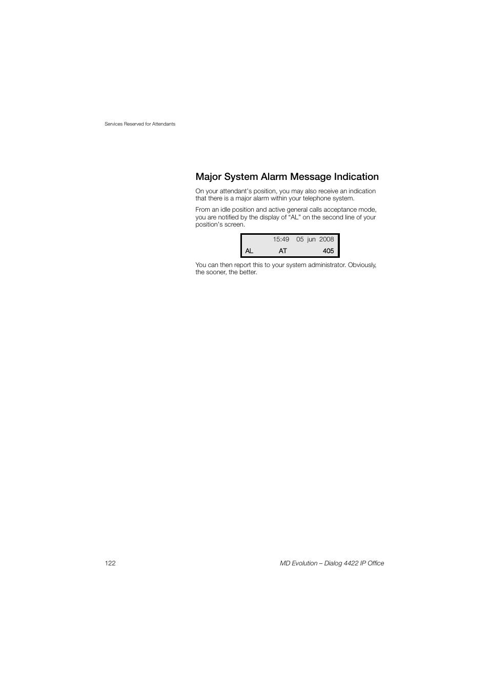 Major system alarm message indication | AASTRA 4422 IP Office for MD Evolution User Guide User Manual | Page 122 / 151
