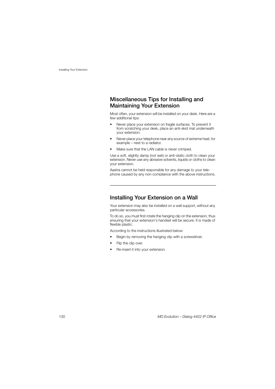 Installing your extension on a wall | AASTRA 4422 IP Office for MD Evolution User Guide User Manual | Page 130 / 151