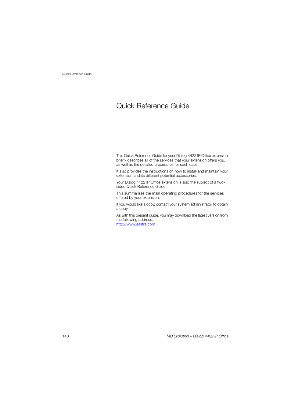 Quick reference guide | AASTRA 4422 IP Office for MD Evolution User Guide User Manual | Page 148 / 151