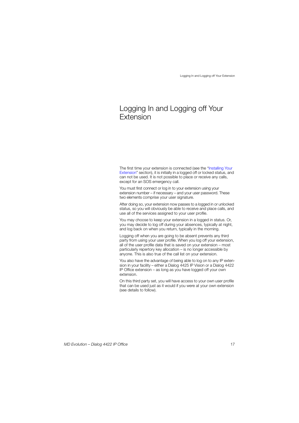 Logging in and logging off your extension | AASTRA 4422 IP Office for MD Evolution User Guide User Manual | Page 17 / 151