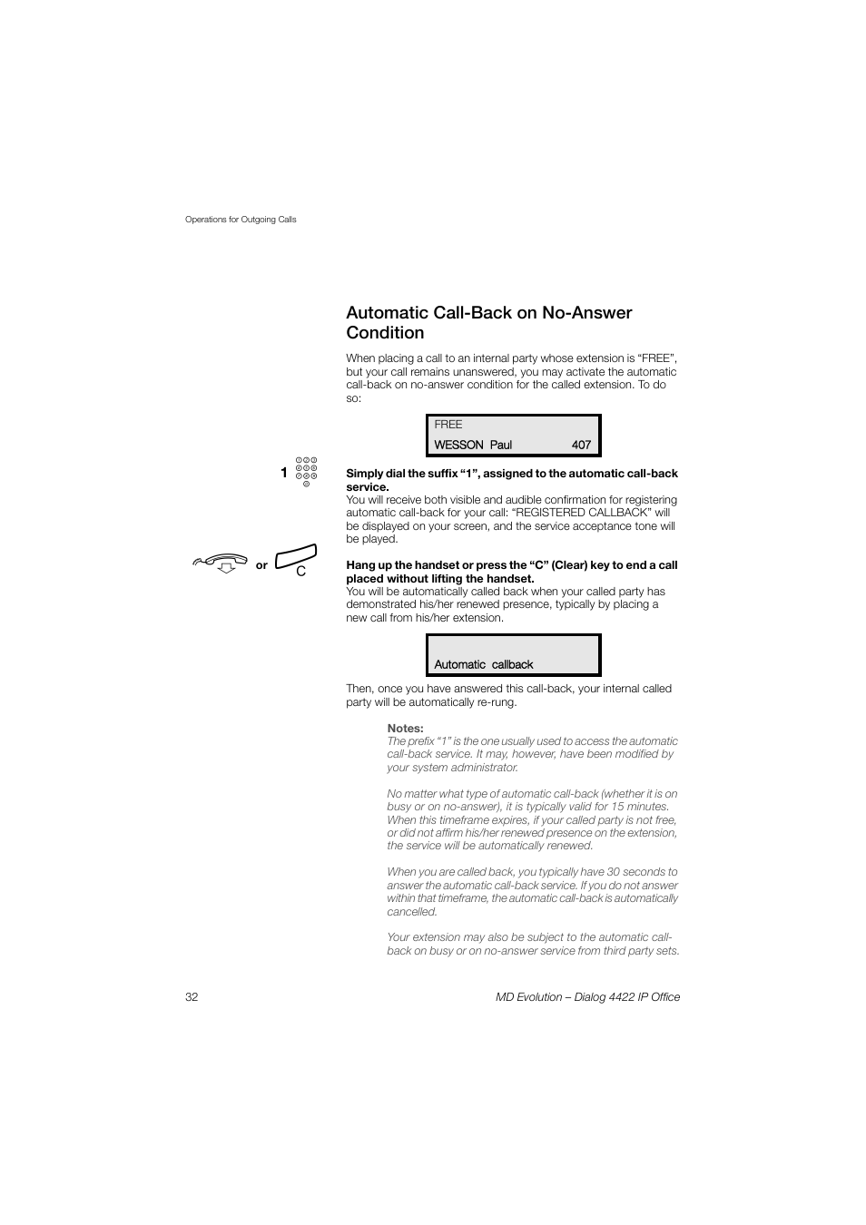 Automatic call-back on no-answer condition | AASTRA 4422 IP Office for MD Evolution User Guide User Manual | Page 32 / 151