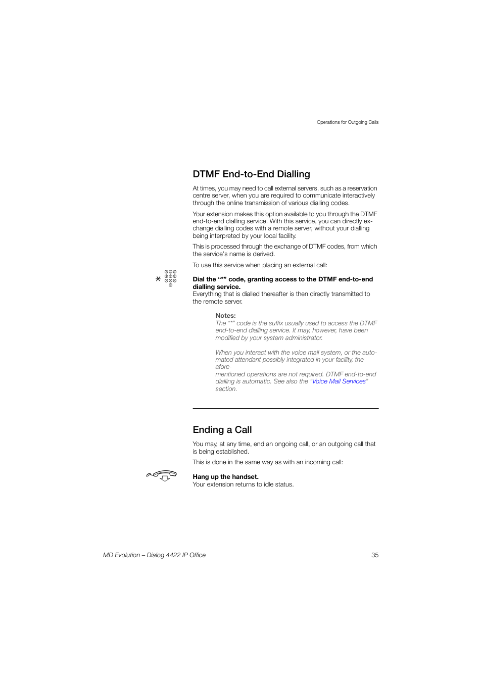 Dtmf end-to-end dialling, Ending a call | AASTRA 4422 IP Office for MD Evolution User Guide User Manual | Page 35 / 151