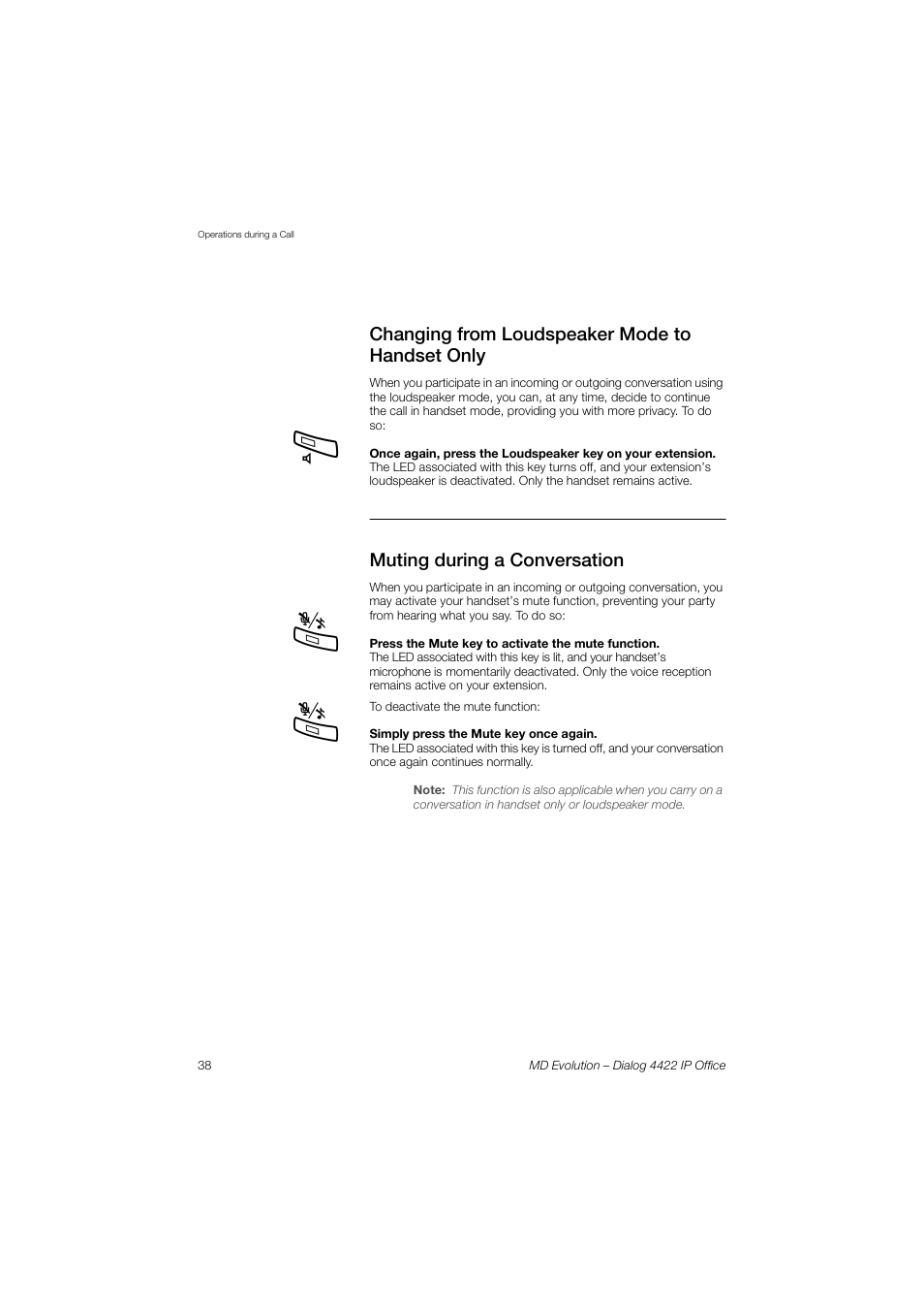 Changing from loudspeaker mode to handset only, Muting during a conversation | AASTRA 4422 IP Office for MD Evolution User Guide User Manual | Page 38 / 151