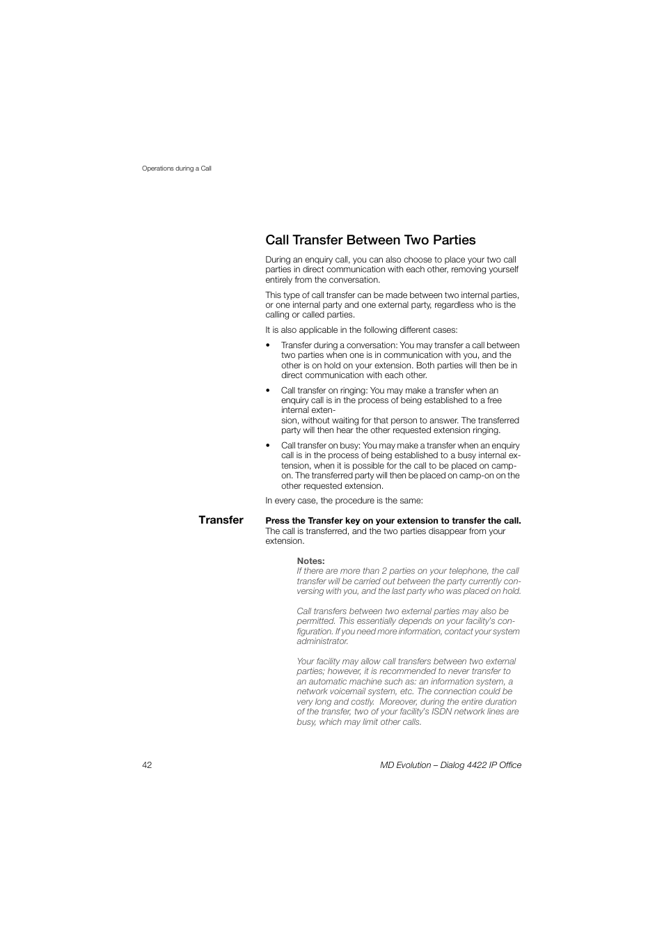Call transfer between two parties | AASTRA 4422 IP Office for MD Evolution User Guide User Manual | Page 42 / 151