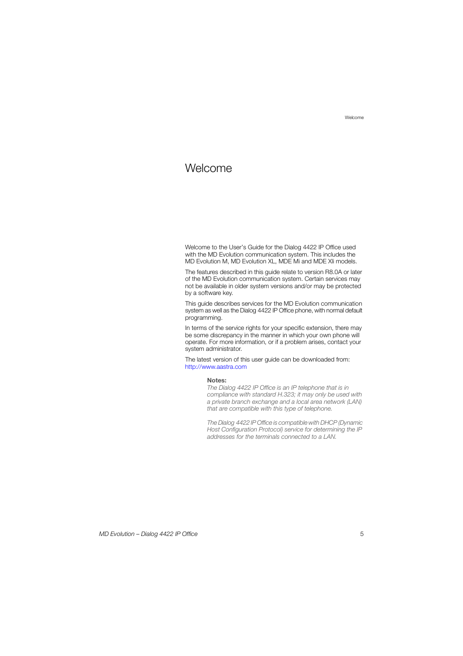 Welcome | AASTRA 4422 IP Office for MD Evolution User Guide User Manual | Page 5 / 151