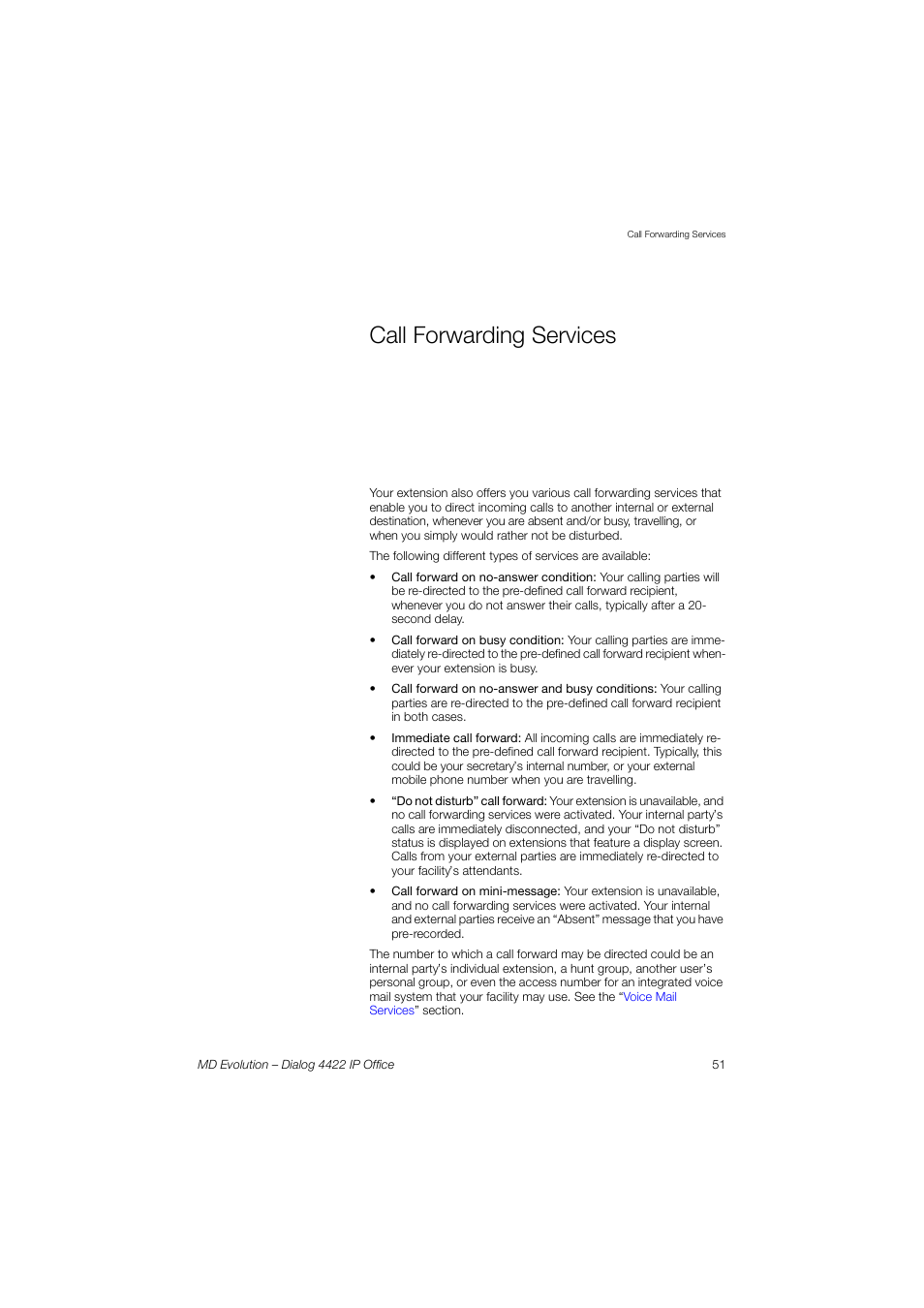 Call forwarding services | AASTRA 4422 IP Office for MD Evolution User Guide User Manual | Page 51 / 151