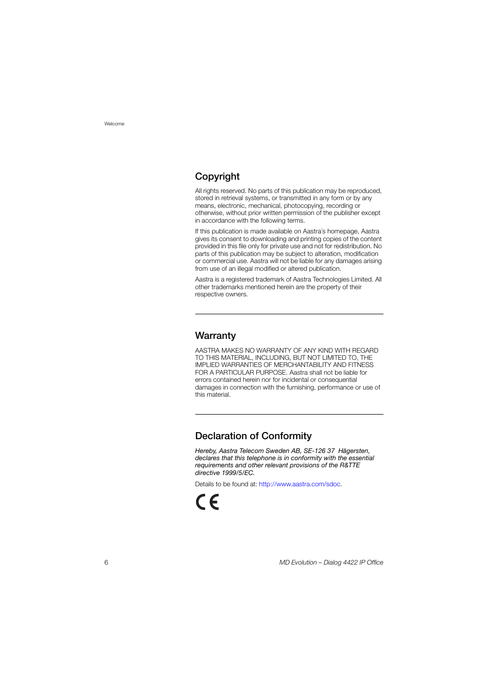 Copyright, Warranty, Declaration of conformity | AASTRA 4422 IP Office for MD Evolution User Guide User Manual | Page 6 / 151