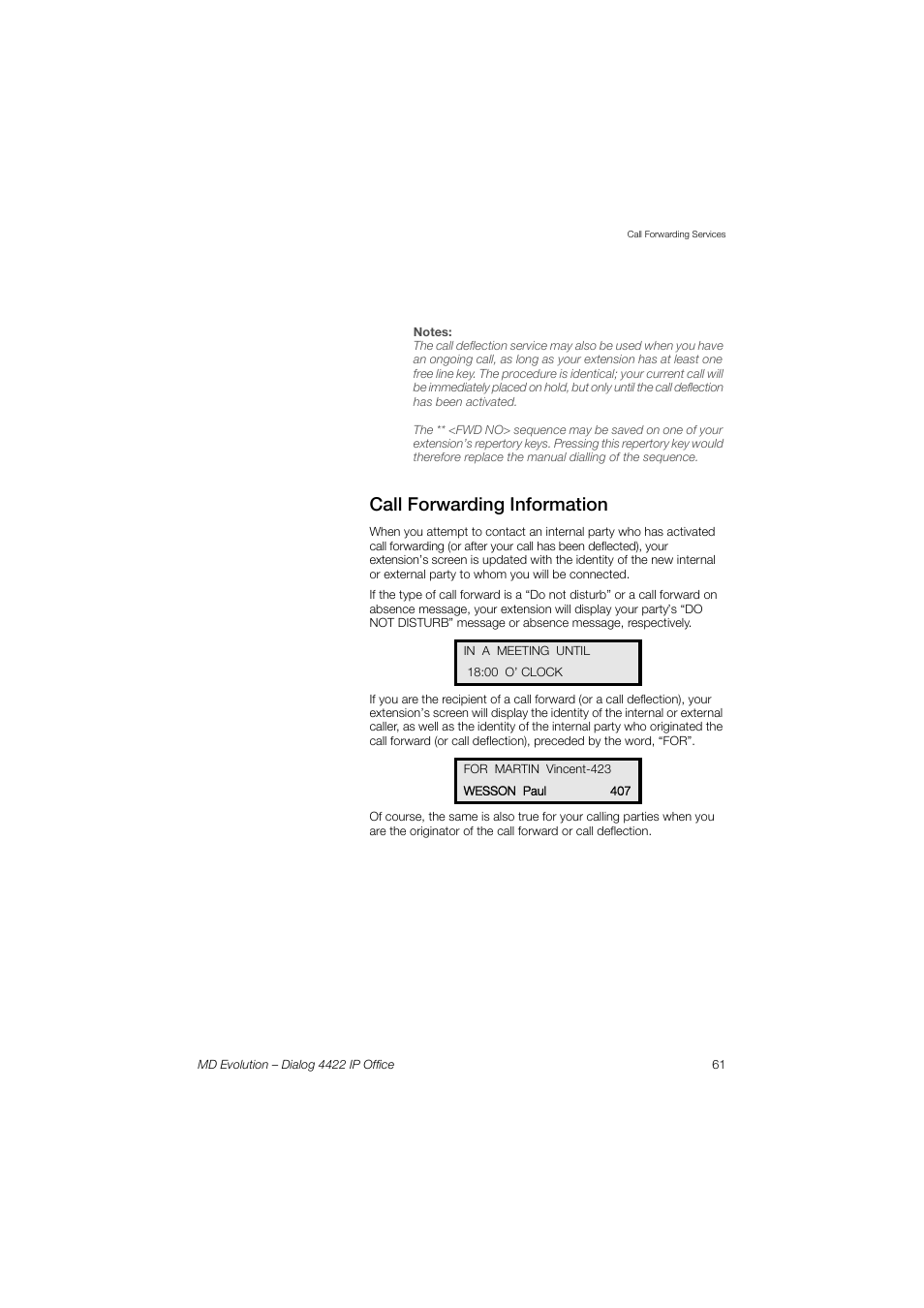 Call forwarding information | AASTRA 4422 IP Office for MD Evolution User Guide User Manual | Page 61 / 151