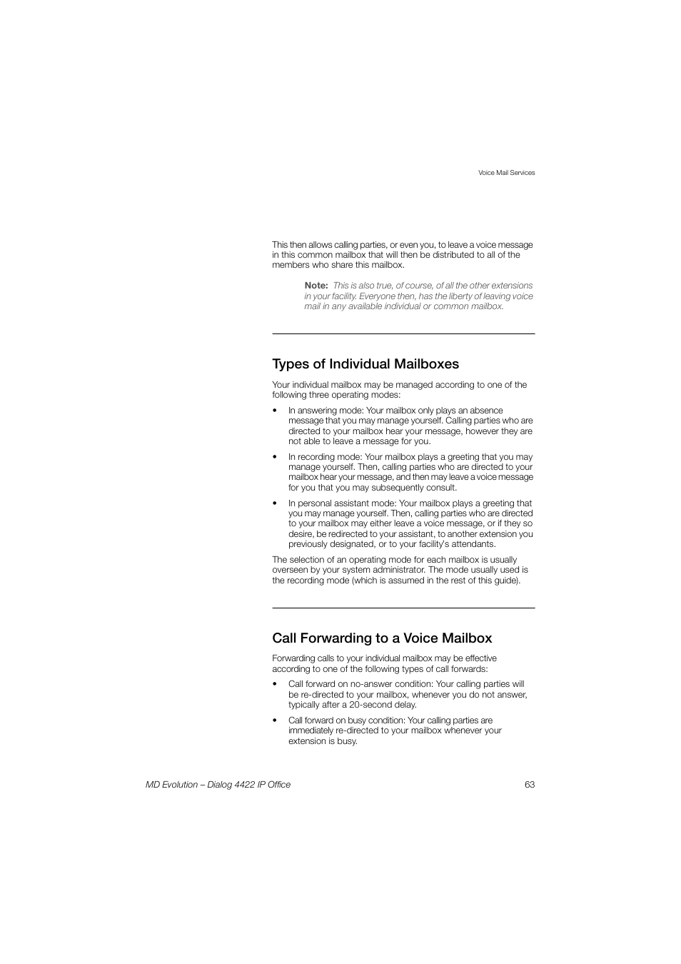 Types of individual mailboxes, Call forwarding to a voice mailbox | AASTRA 4422 IP Office for MD Evolution User Guide User Manual | Page 63 / 151