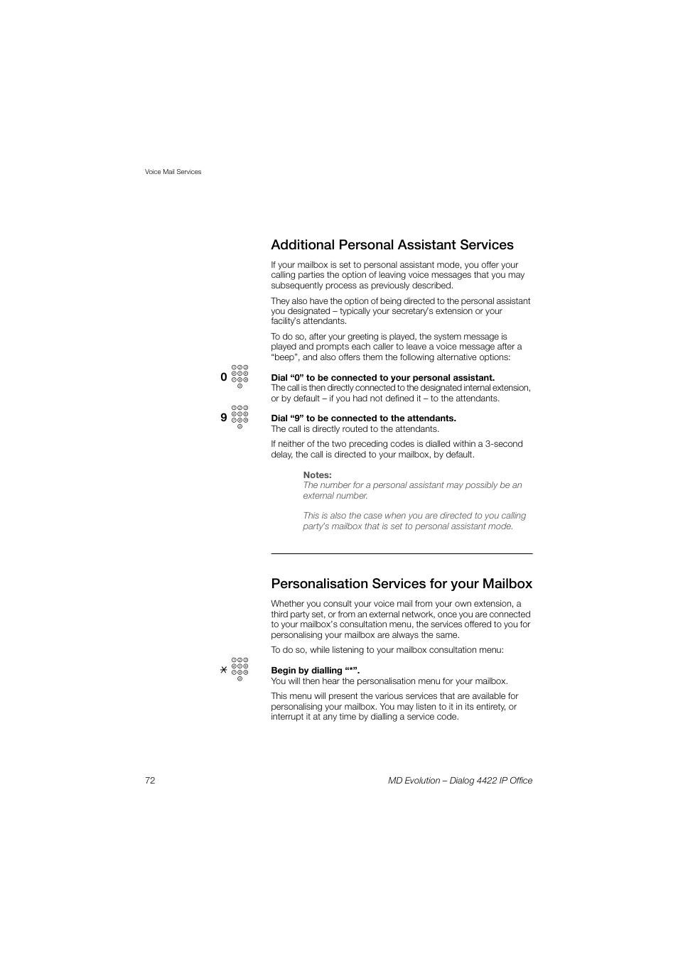 Additional personal assistant services, Personalisation services for your mailbox | AASTRA 4422 IP Office for MD Evolution User Guide User Manual | Page 72 / 151