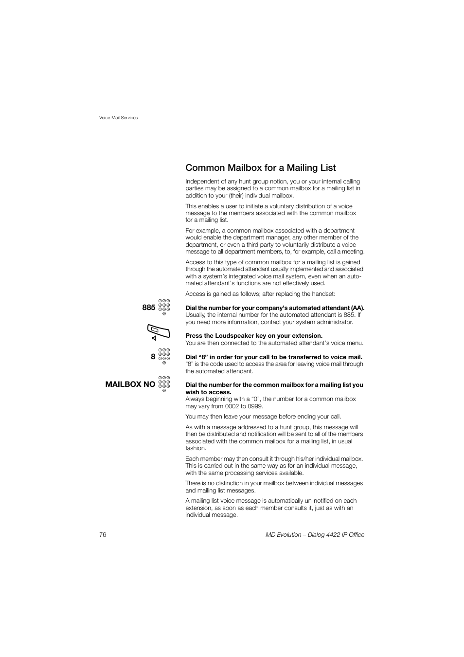 Common mailbox for a mailing list | AASTRA 4422 IP Office for MD Evolution User Guide User Manual | Page 76 / 151