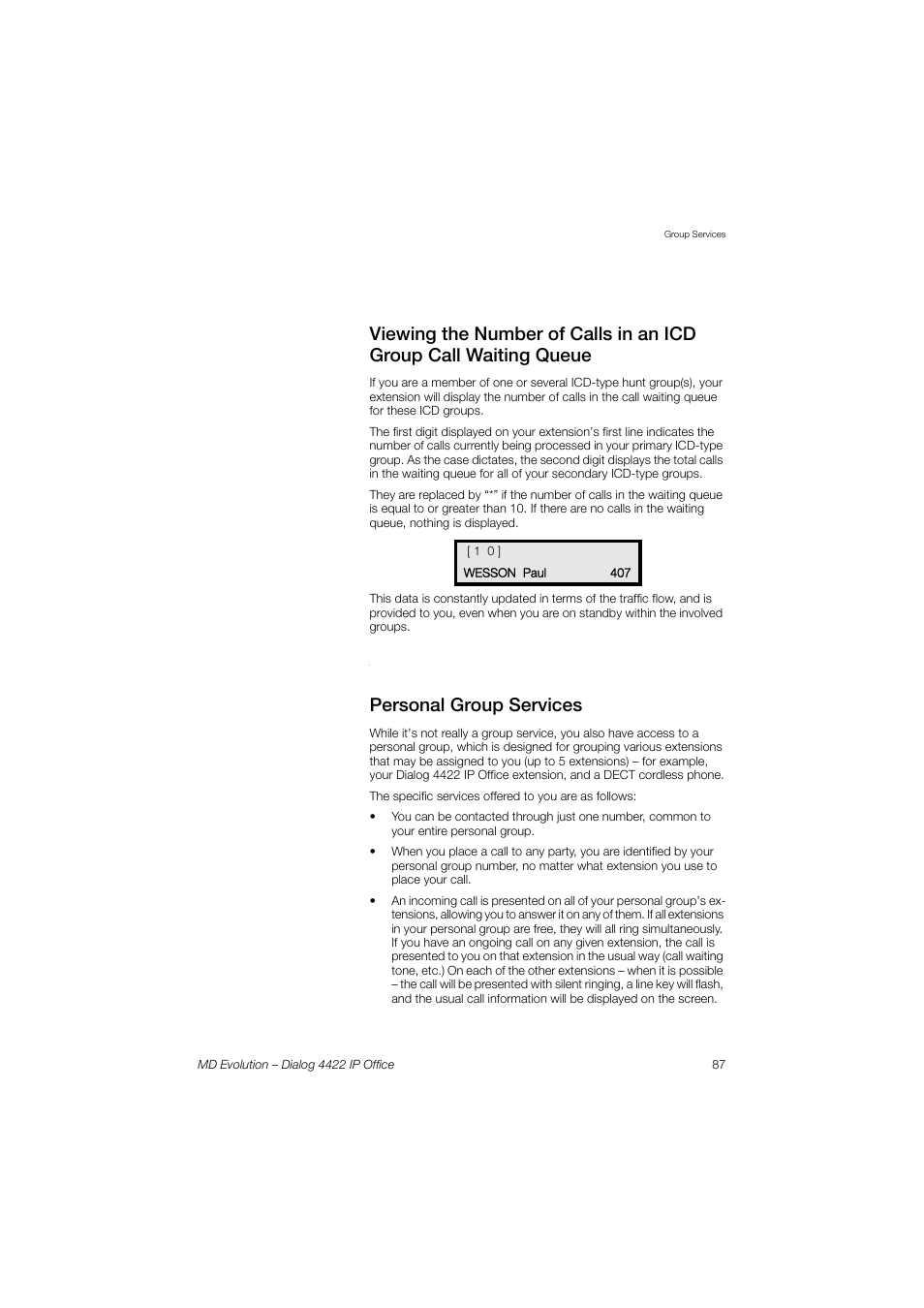 Personal group services | AASTRA 4422 IP Office for MD Evolution User Guide User Manual | Page 87 / 151
