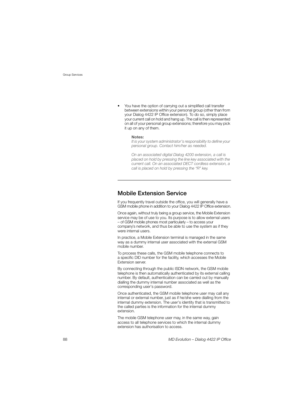 Mobile extension service | AASTRA 4422 IP Office for MD Evolution User Guide User Manual | Page 88 / 151