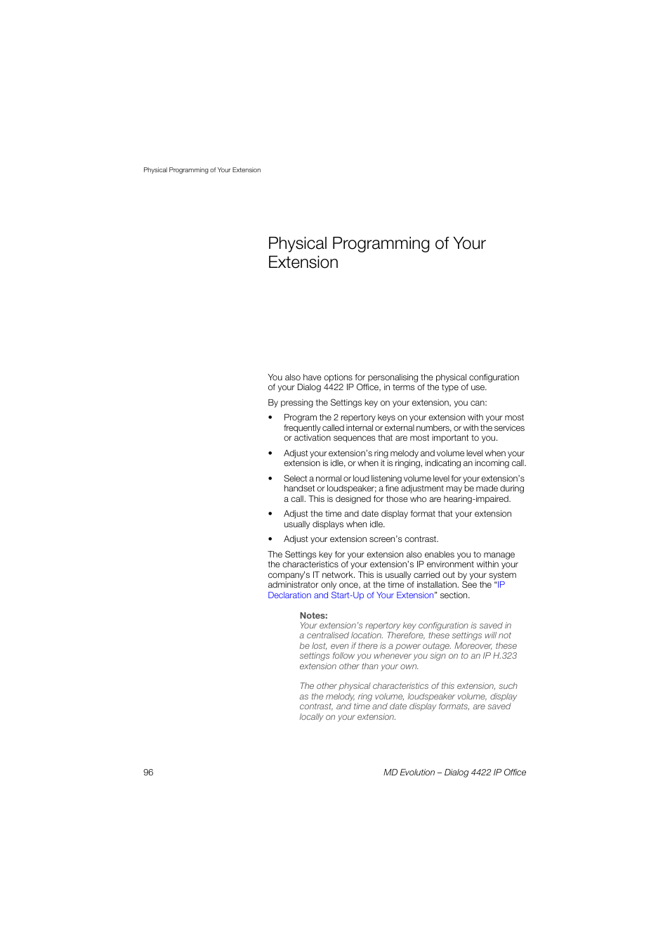 Physical programming of your extension, Sect, See also the | Physical programming of, Your extension, And the, Physical, Programming of your extension, Ly up to you. see also the | AASTRA 4422 IP Office for MD Evolution User Guide User Manual | Page 96 / 151