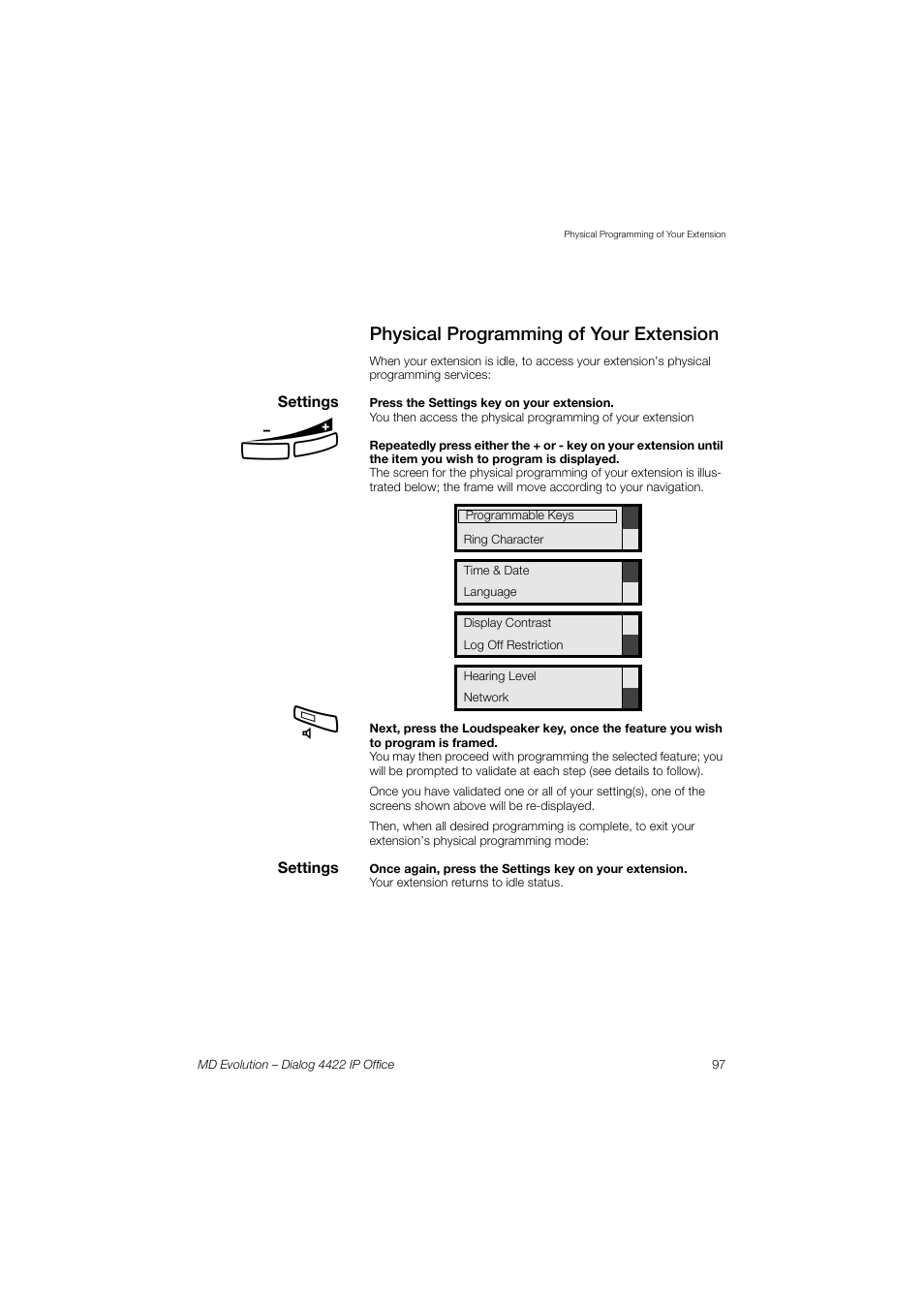 Physical programming of your extension | AASTRA 4422 IP Office for MD Evolution User Guide User Manual | Page 97 / 151