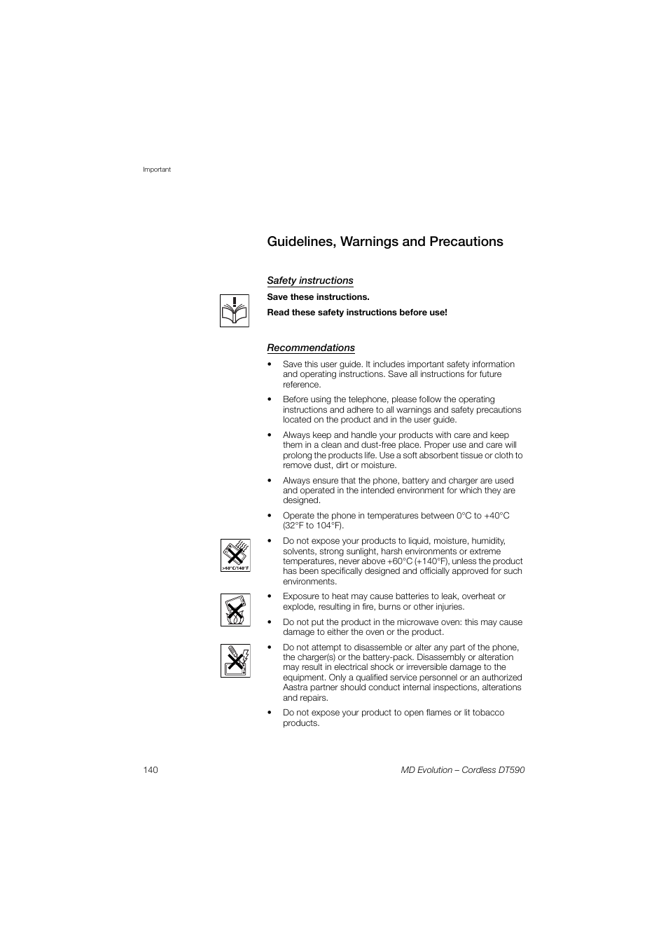 Guidelines, warnings and precautions, Safety instructions, Recommendations | AASTRA DT590 for MD Evolution User Guide EN User Manual | Page 10 / 166