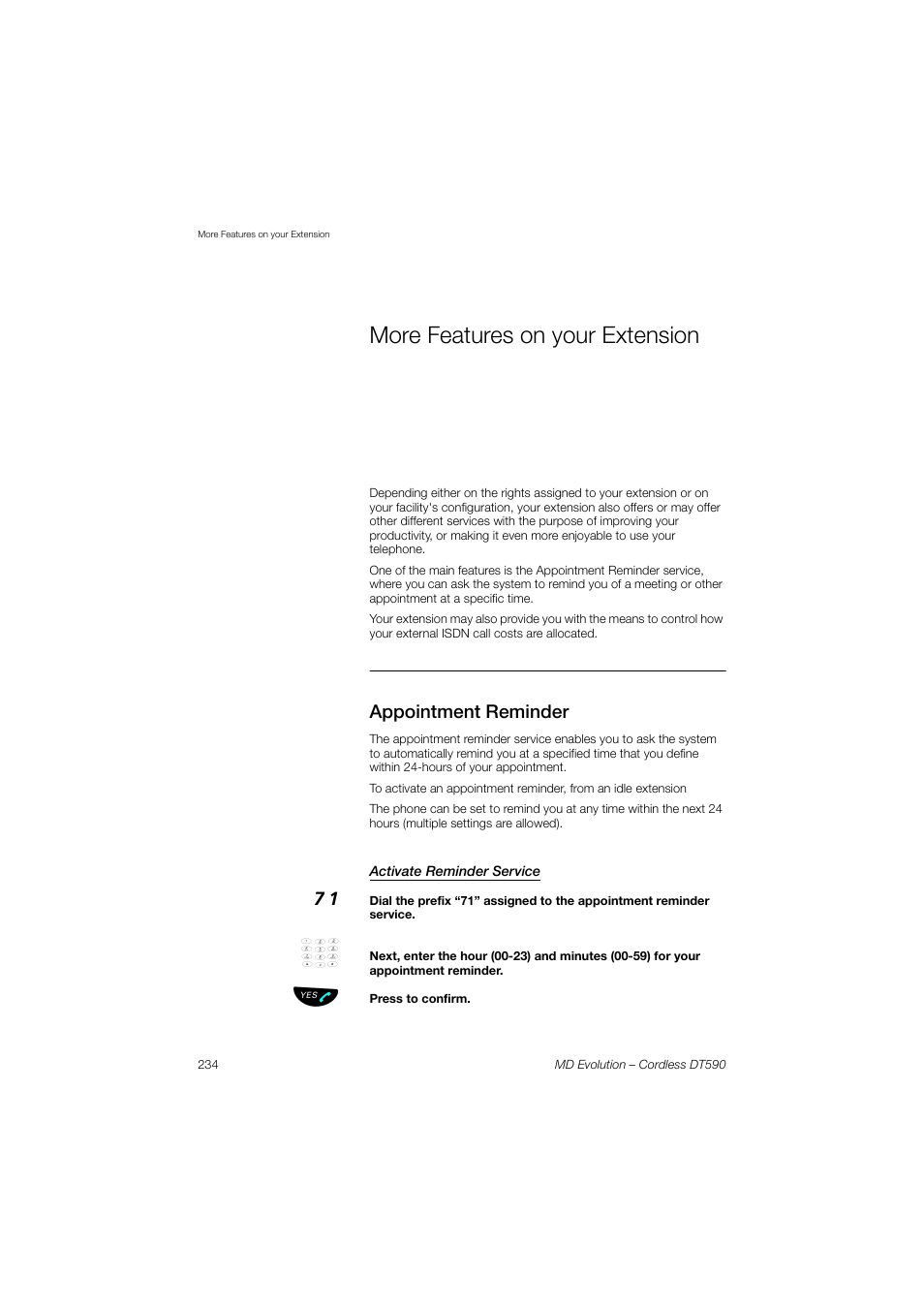 More features on your extension, Appointment reminder, Activate reminder service | AASTRA DT590 for MD Evolution User Guide EN User Manual | Page 104 / 166